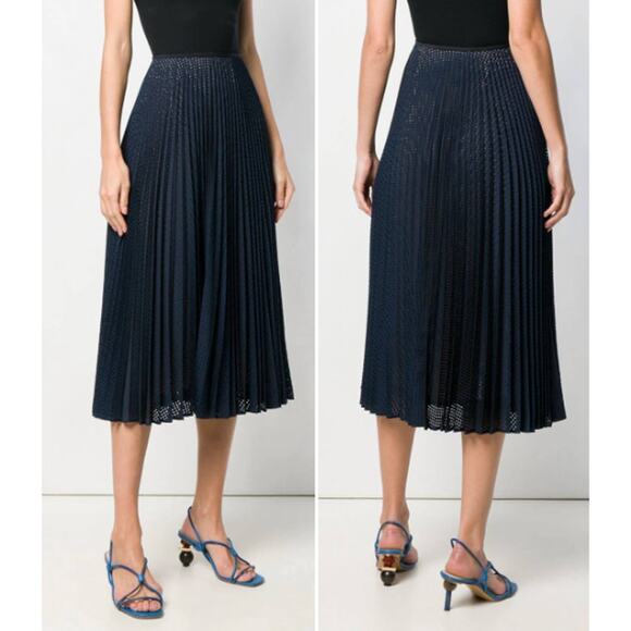 Fendi Mohair Wool High Rise Perforated Pleated A-Line Midi Skirt Navy Women US 6 - Picture 1 of 7